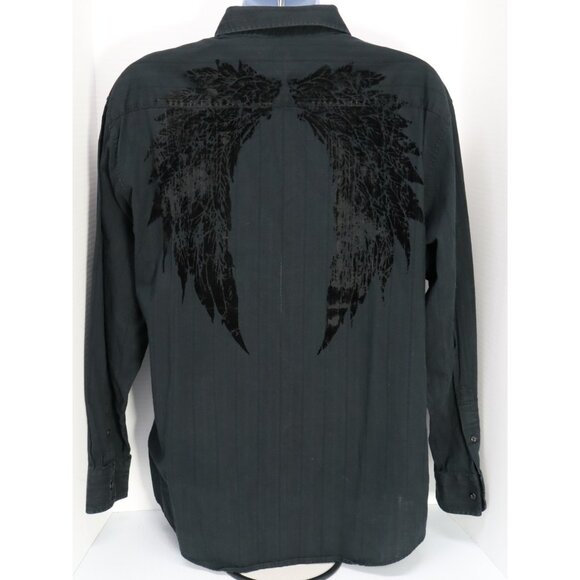 Eighty Eight Mens XL Long Sleeve Button Up Shirt Dark Grey/Black Angel Wings - Picture 7 of 10